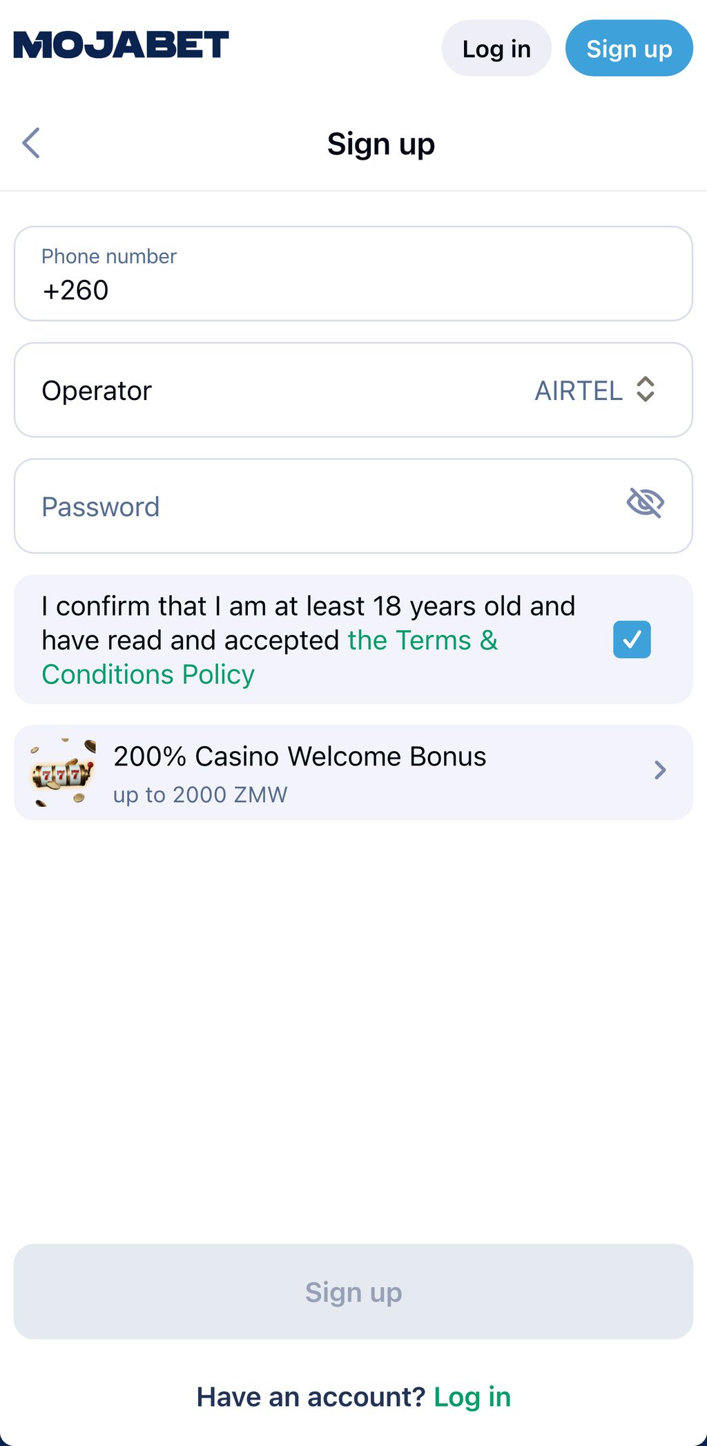 MojaBet registration