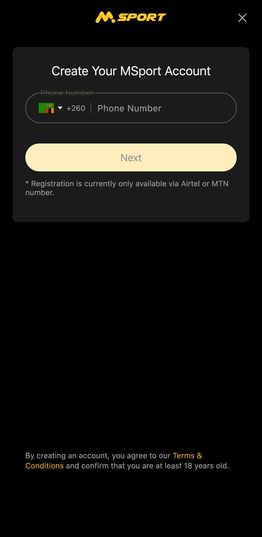 MSport Zambia registration page